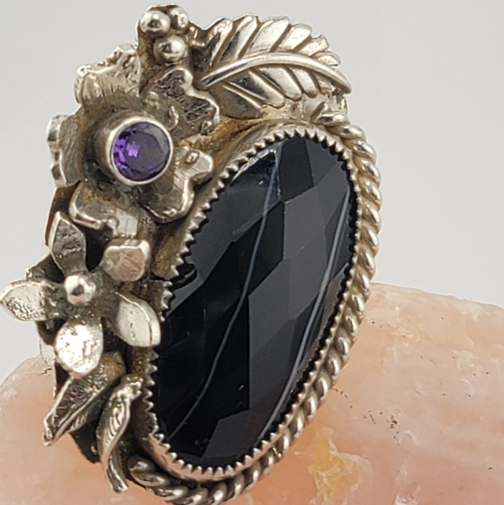 OBSIDIAN & AMETHYST CRYSTAL GARDEN FLOWER RING HANDMADE W/ RECYCLED METAL SZ 7 - Picture 3 of 8